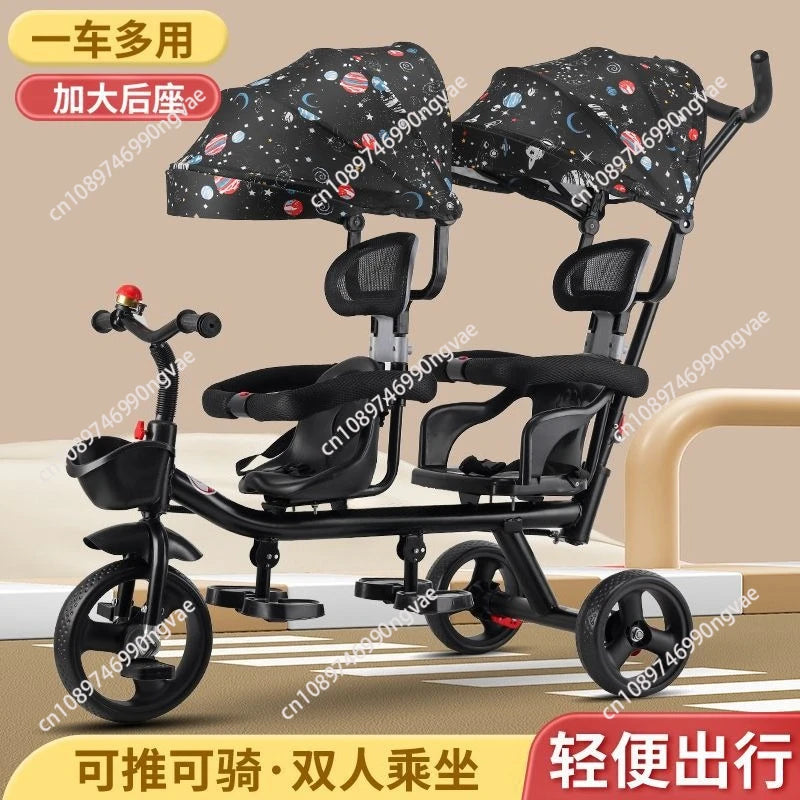 Twin kids tricycle, twin seater two-child pedal stroller, twin baby large lightweight 1-7 year old stroller