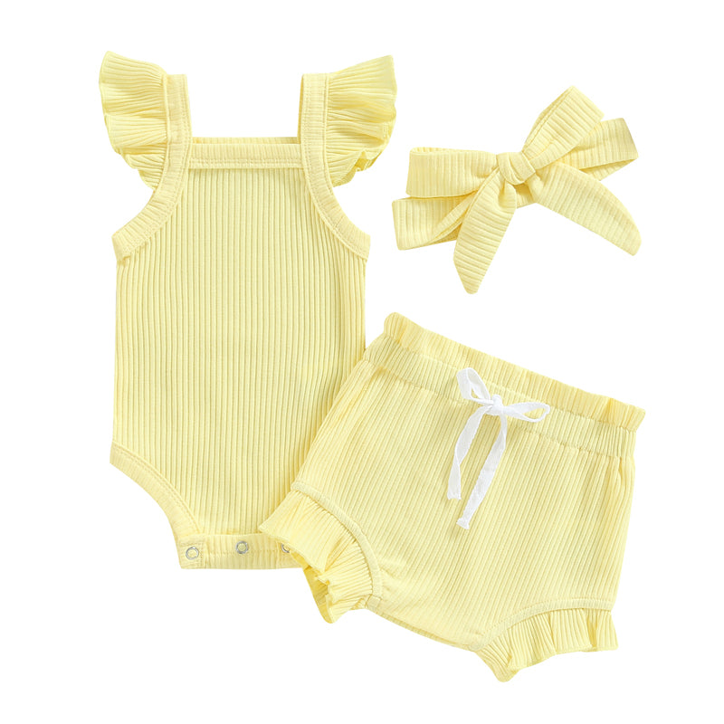 2023-04-12 Lioraitiin 0-18M Toddler Girls 3Pcs Summer Clothes Fly Sleeve Solid Romper Tops Drawstring Short Pants Headband
