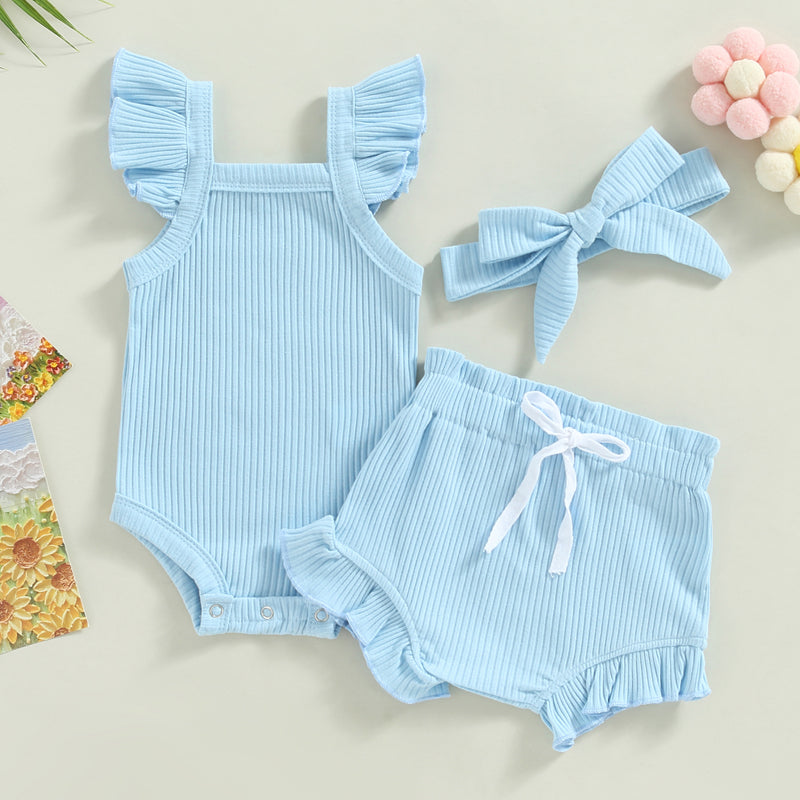 2023-04-12 Lioraitiin 0-18M Toddler Girls 3Pcs Summer Clothes Fly Sleeve Solid Romper Tops Drawstring Short Pants Headband