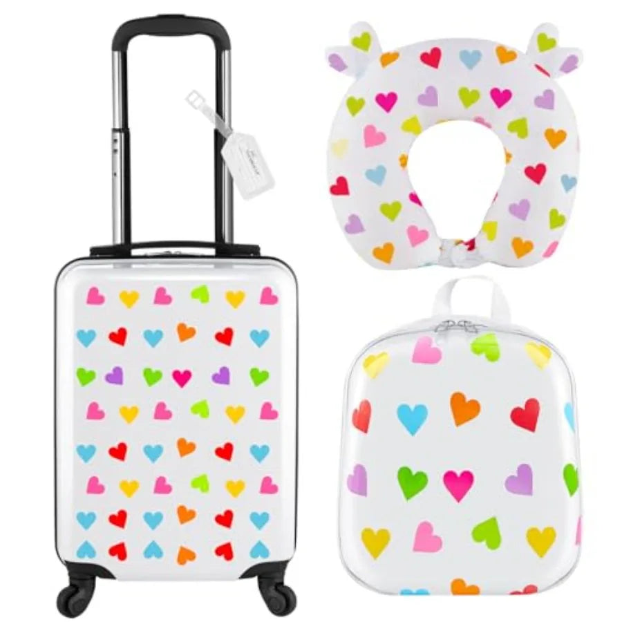 4 Pcs Luggage Set Carry On Rolling Suitcase Backpack Neck Pillow Travel Set Gift for Girls Boys Summer Camp