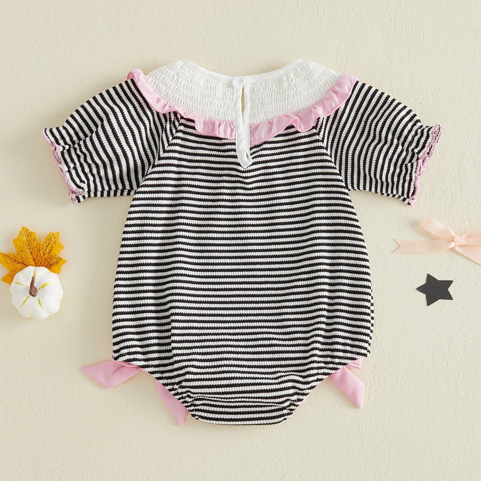 Infant Halloween Costume Romper with Spooky Ghost and Pumpkin Embroidery Striped Print and Crew Neck - Adorable Baby Girl