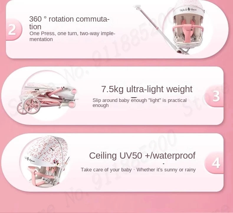 Baby Stroller Can sit and lie Down Lightweight One-touch Folding Waterproof High Landscape 360 ° Rotation Two-way Push Stroller