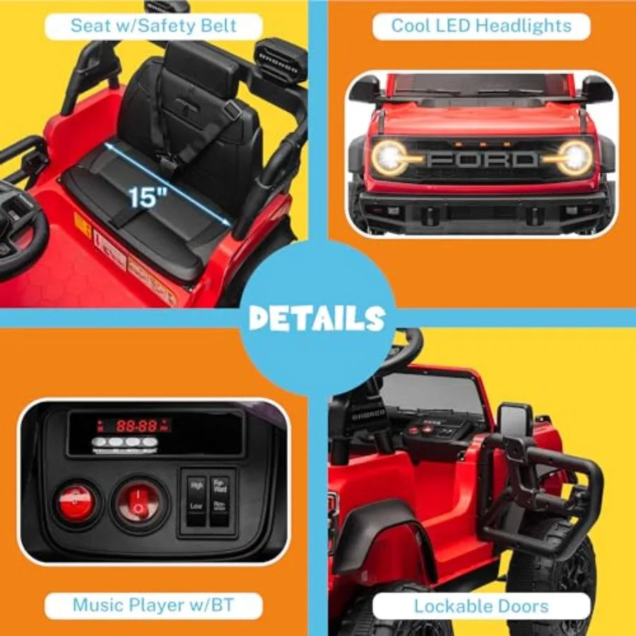 12V Kids Ride on Car Licensed Bronco Raptor, Toddler Electric Car with Remote Control, Battery Powered Ride on Toy Truck w/LED Lights, Music Player, Horn, Seat Belt, Soft Start (Red)