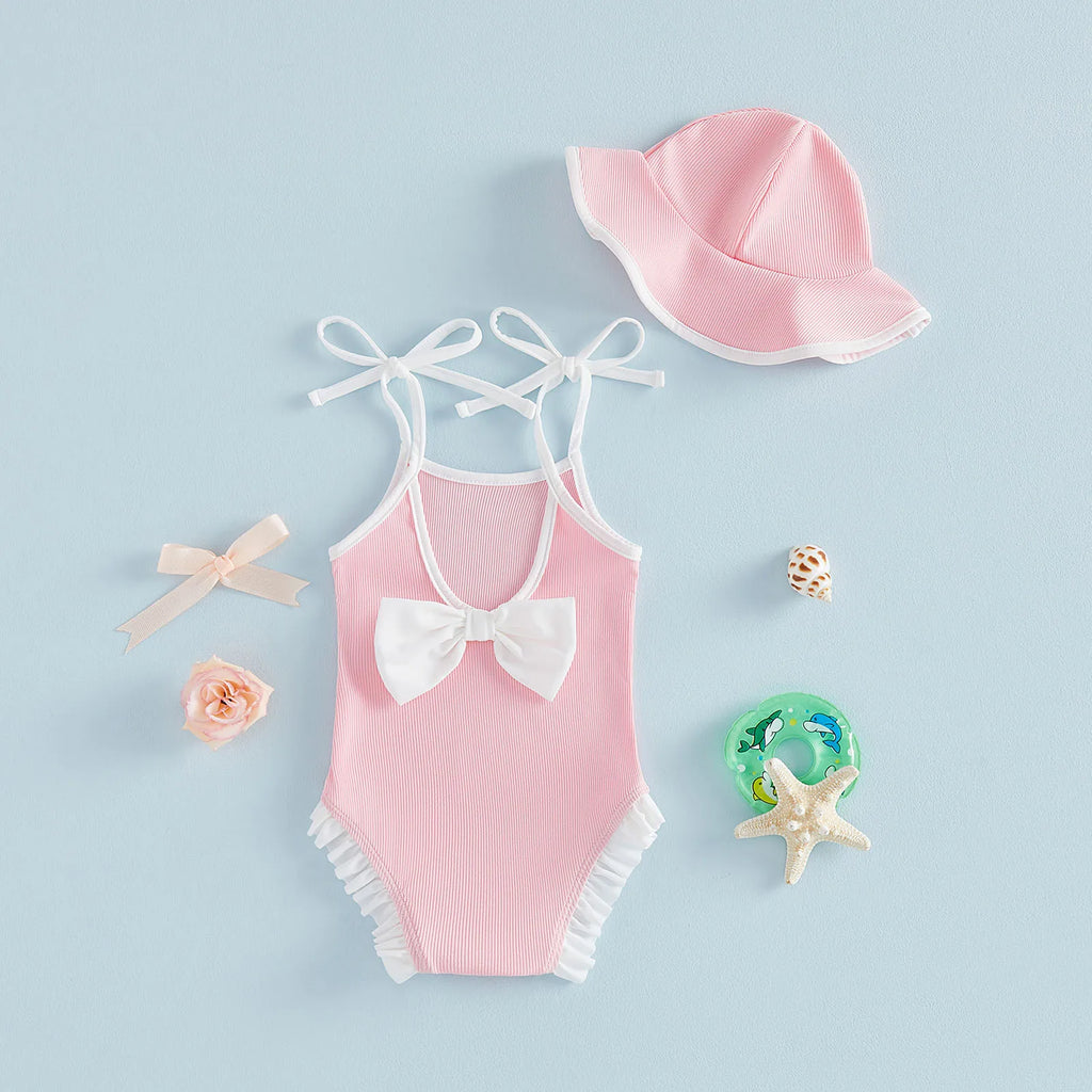 Toddler Baby Girl Swimwear With Hat 2Pcs Bathing Suit Kids Holiday Casual Cami Romper Swimsuit Sleeveless Ruffle Trim Beachwear