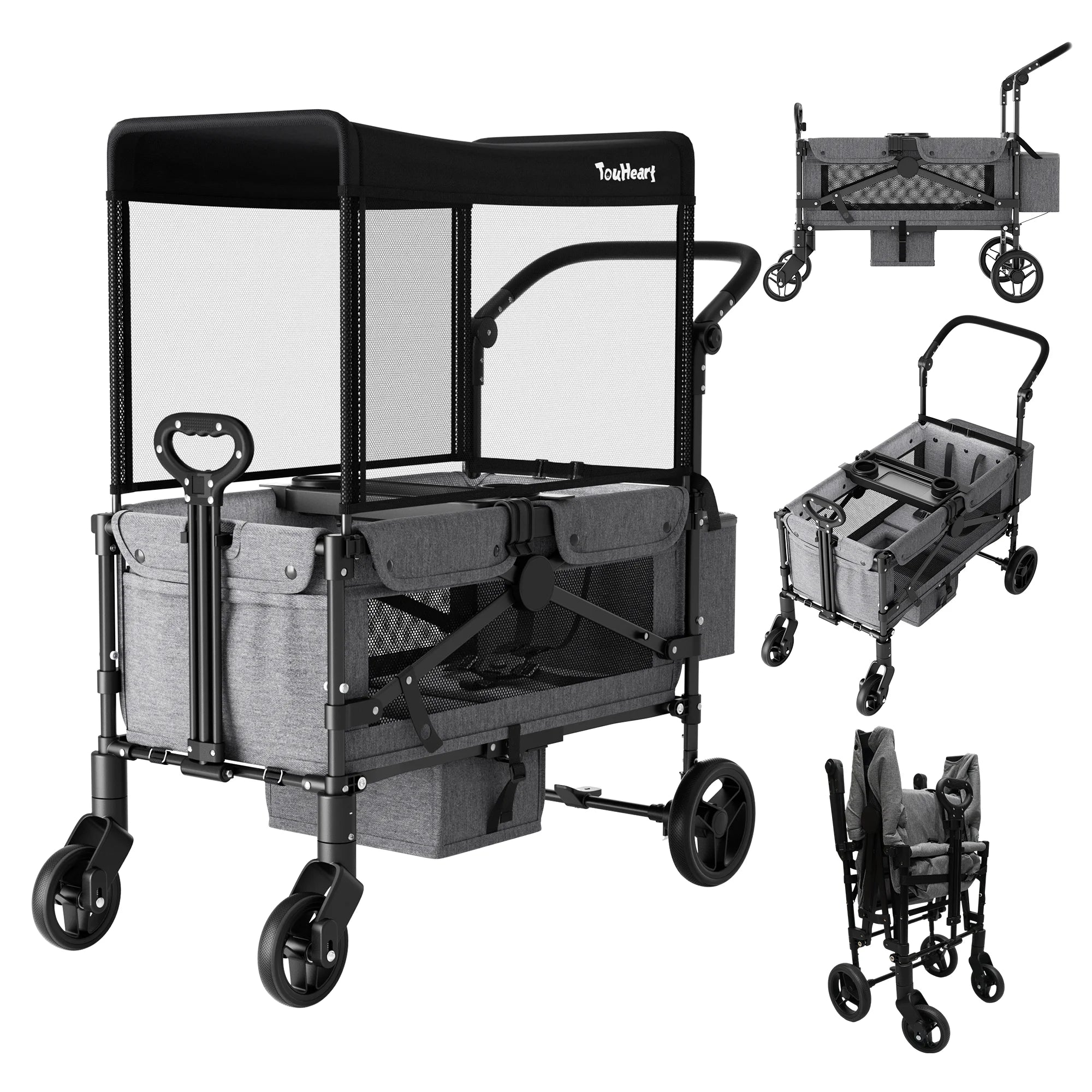 TouHeart 2 Seat Wagon Stroller For 2 Kids, Foldable All-Terrain Wagon for Toddler with Canopy 220 lbs Capacity