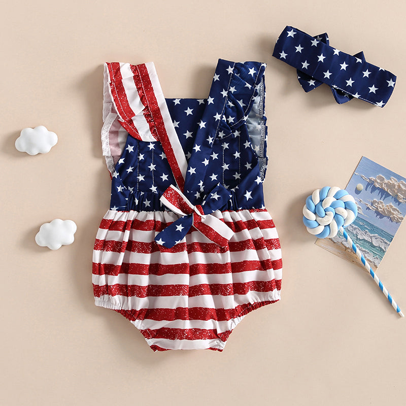 Citgeett Summer Independence Day Infant Baby Girl Outfits Sleeveless Backless Ruffle Bodysuit Headband Clothes Set