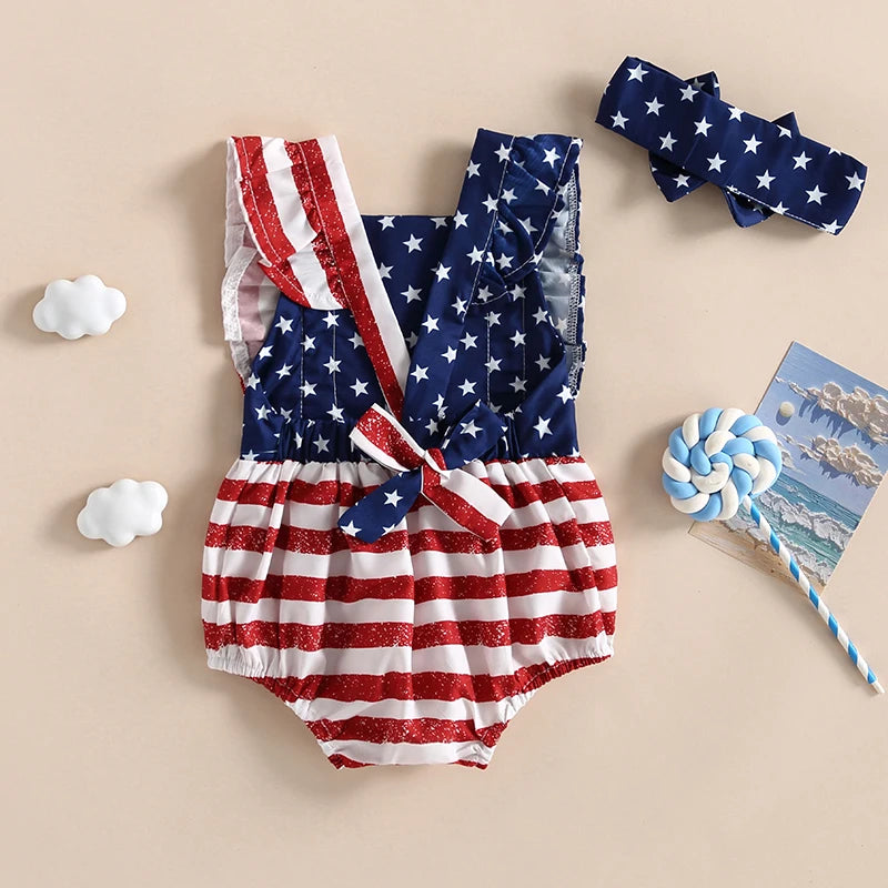 Citgeett Summer Independence Day Infant Baby Girl Outfits Sleeveless Backless Ruffle Bodysuit Headband Clothes Set