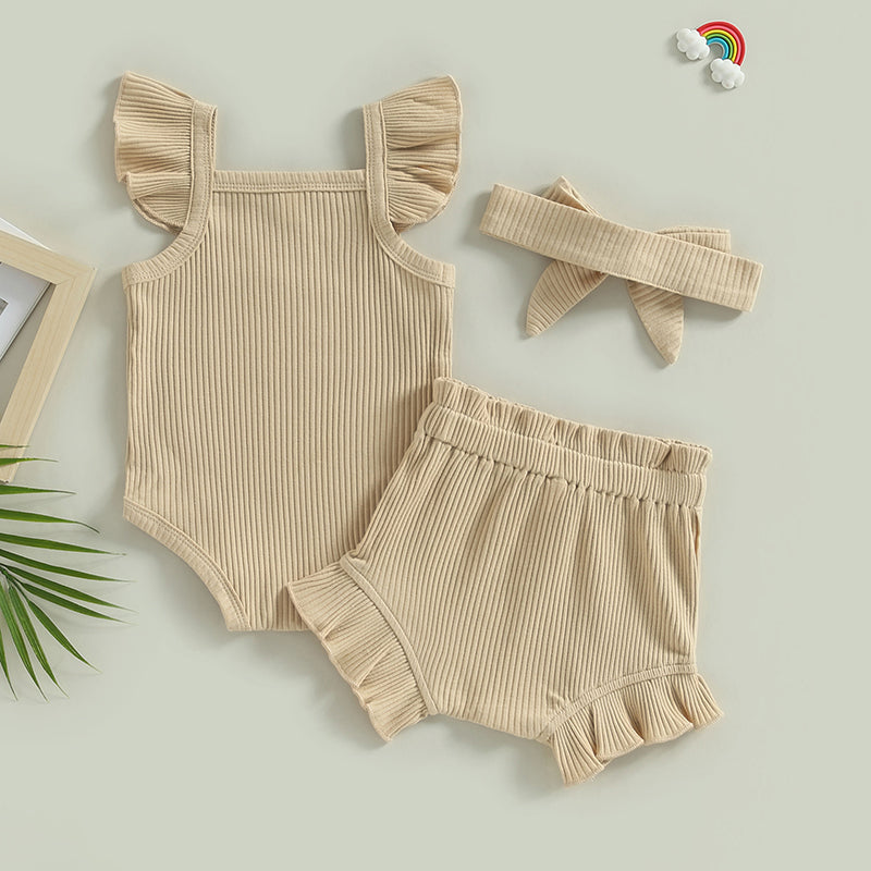 2023-04-12 Lioraitiin 0-18M Toddler Girls 3Pcs Summer Clothes Fly Sleeve Solid Romper Tops Drawstring Short Pants Headband