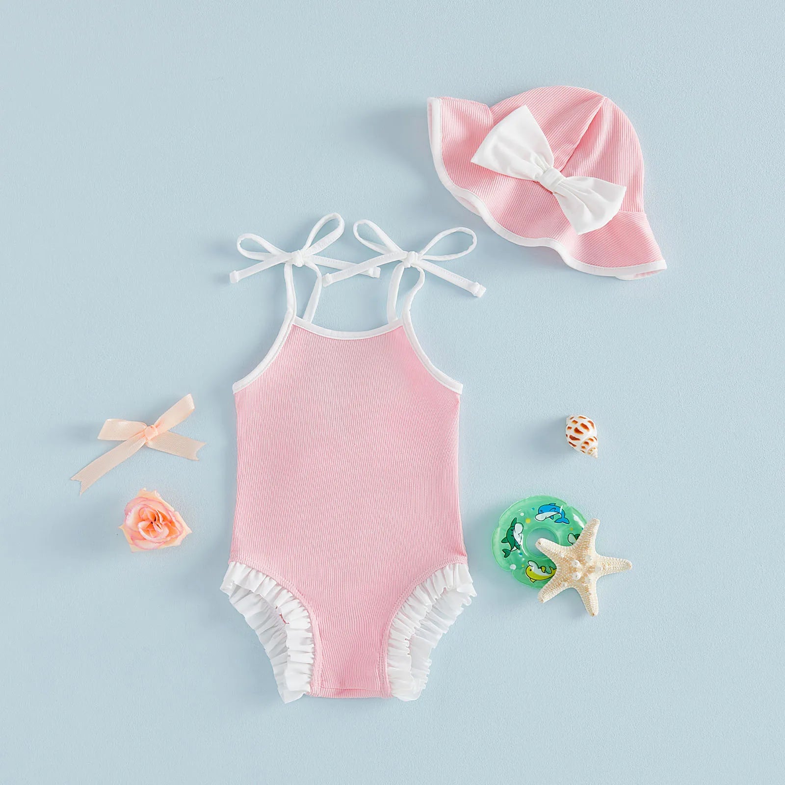 Toddler Baby Girl Swimwear With Hat 2Pcs Bathing Suit Kids Holiday Casual Cami Romper Swimsuit Sleeveless Ruffle Trim Beachwear