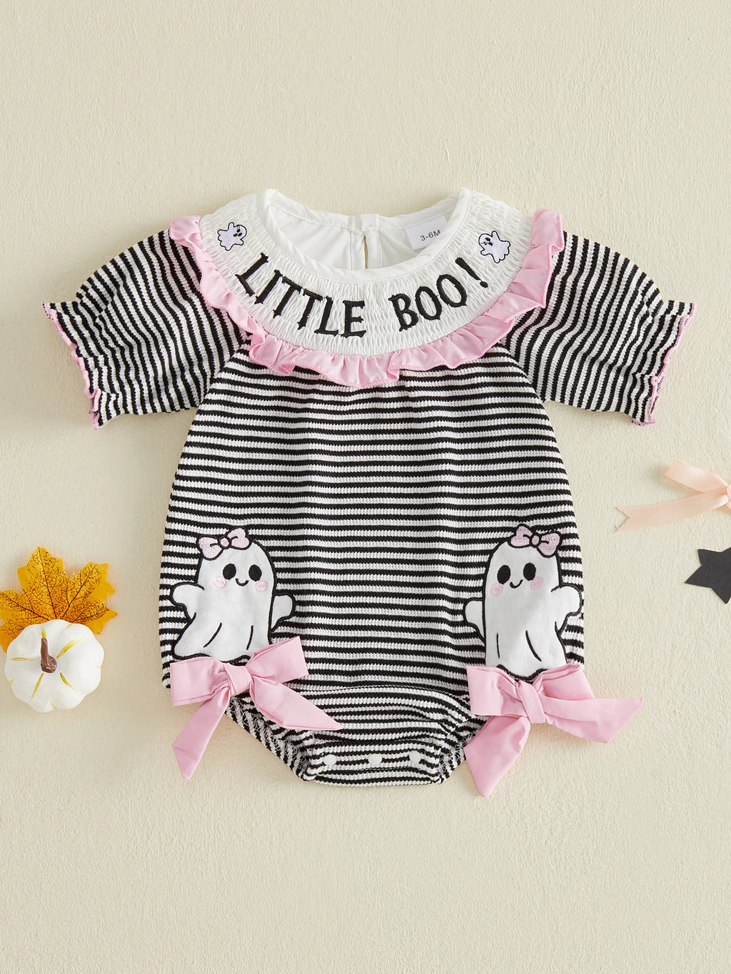Infant Halloween Costume Romper with Spooky Ghost and Pumpkin Embroidery Striped Print and Crew Neck - Adorable Baby Girl