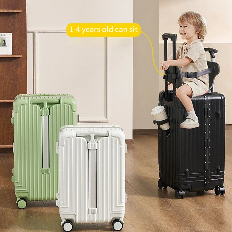 Baby Mother Travel Suitcase Children Can Sit and Ride Luggage with Cup Holder USB Trolley Case Lazy Walking Boarding Suitcases