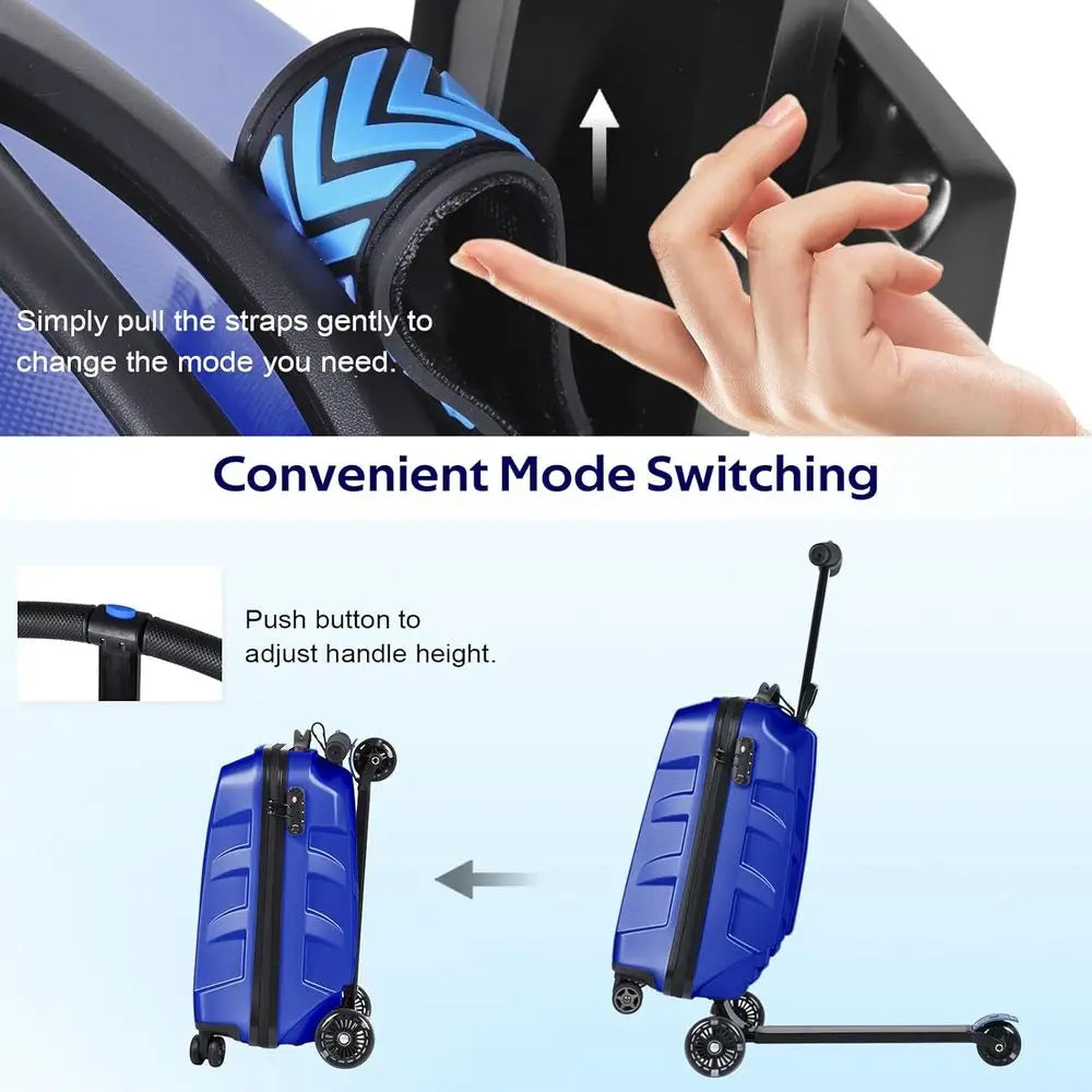 Lightweight 3D Hardshell Ride-On Scooter Suitcase with LED Wheels, TSA Lock for Kids & Adults (Blue, 21-inch)