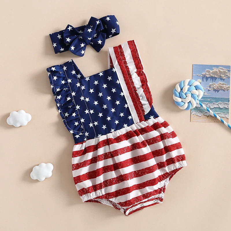 Citgeett Summer Independence Day Infant Baby Girl Outfits Sleeveless Backless Ruffle Bodysuit Headband Clothes Set