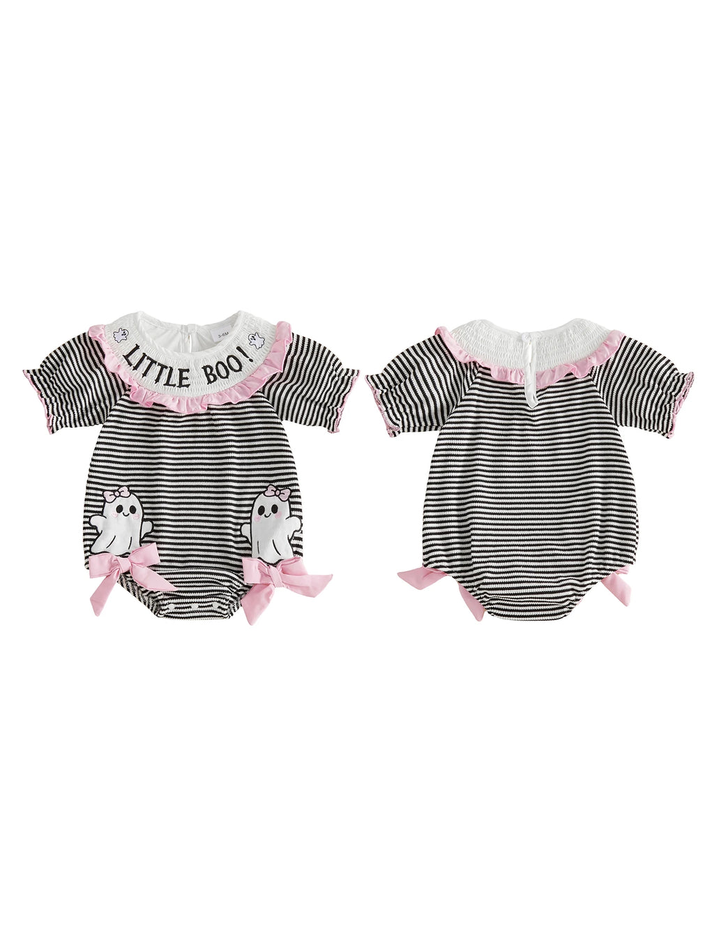 Infant Halloween Costume Romper with Spooky Ghost and Pumpkin Embroidery Striped Print and Crew Neck - Adorable Baby Girl