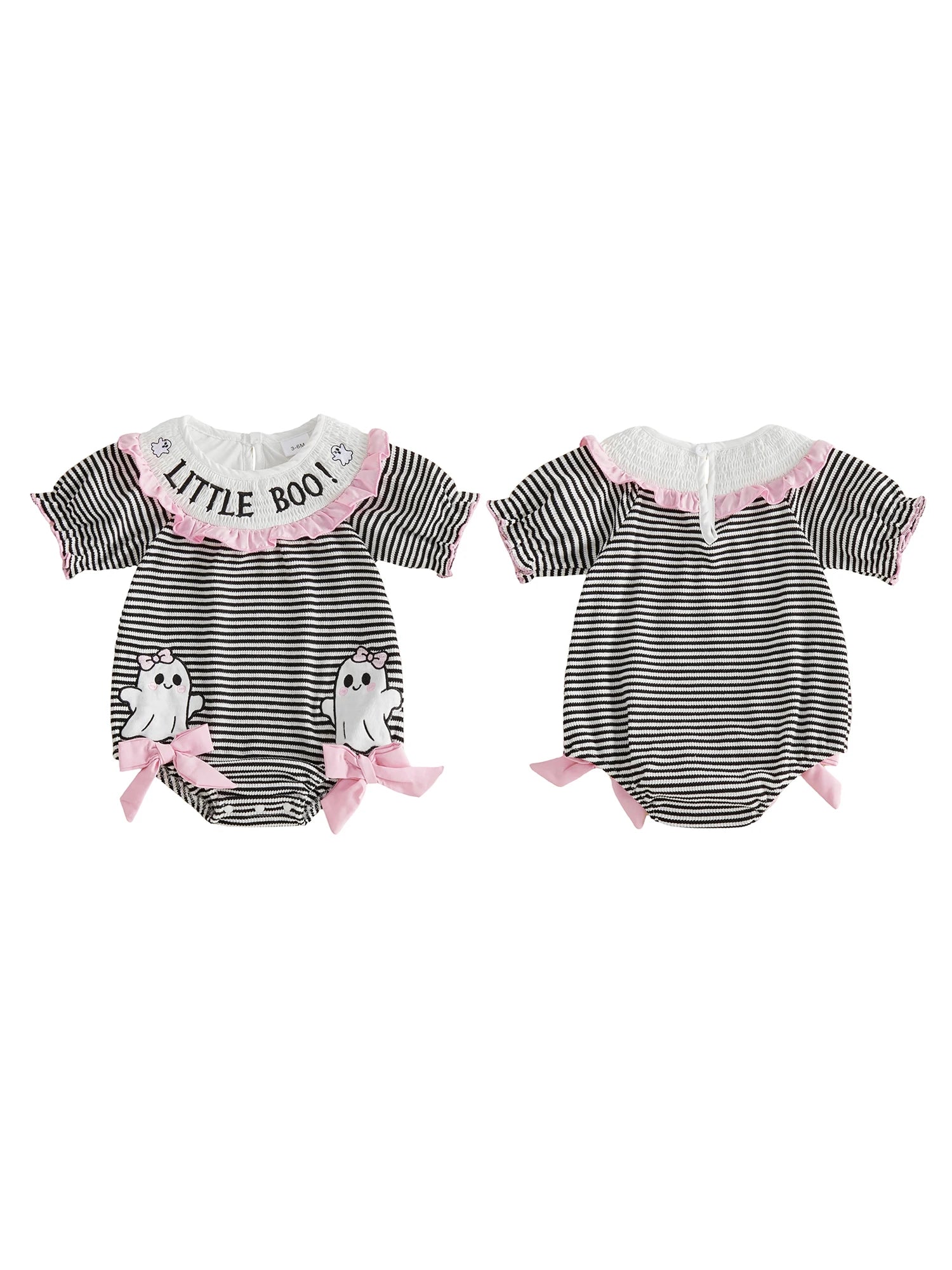 Infant Halloween Costume Romper with Spooky Ghost and Pumpkin Embroidery Striped Print and Crew Neck - Adorable Baby Girl