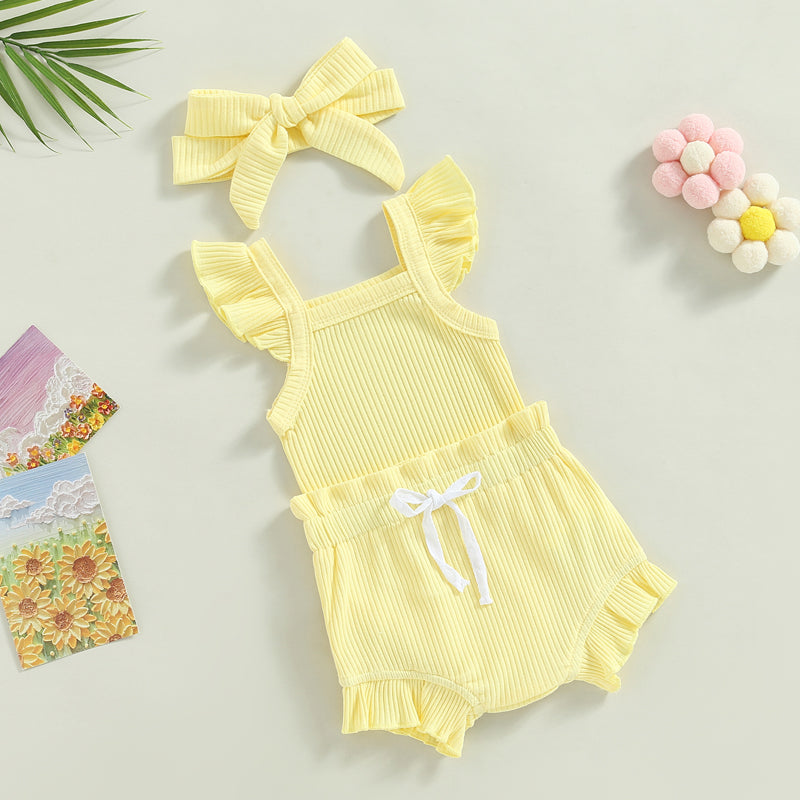 2023-04-12 Lioraitiin 0-18M Toddler Girls 3Pcs Summer Clothes Fly Sleeve Solid Romper Tops Drawstring Short Pants Headband