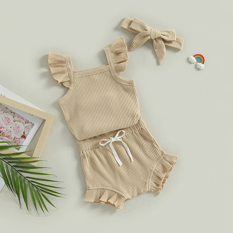 2023-04-12 Lioraitiin 0-18M Toddler Girls 3Pcs Summer Clothes Fly Sleeve Solid Romper Tops Drawstring Short Pants Headband