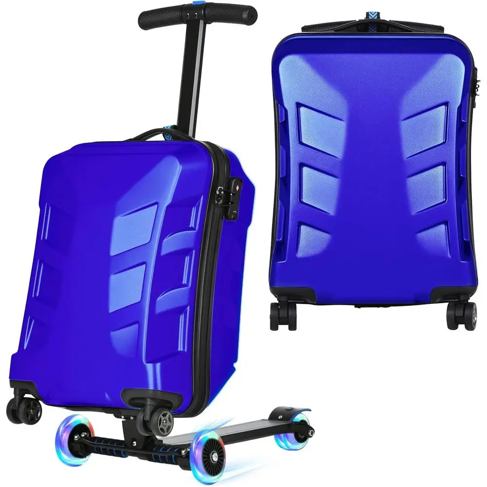 Lightweight 3D Hardshell Ride-On Scooter Suitcase with LED Wheels, TSA Lock for Kids & Adults (Blue, 21-inch)
