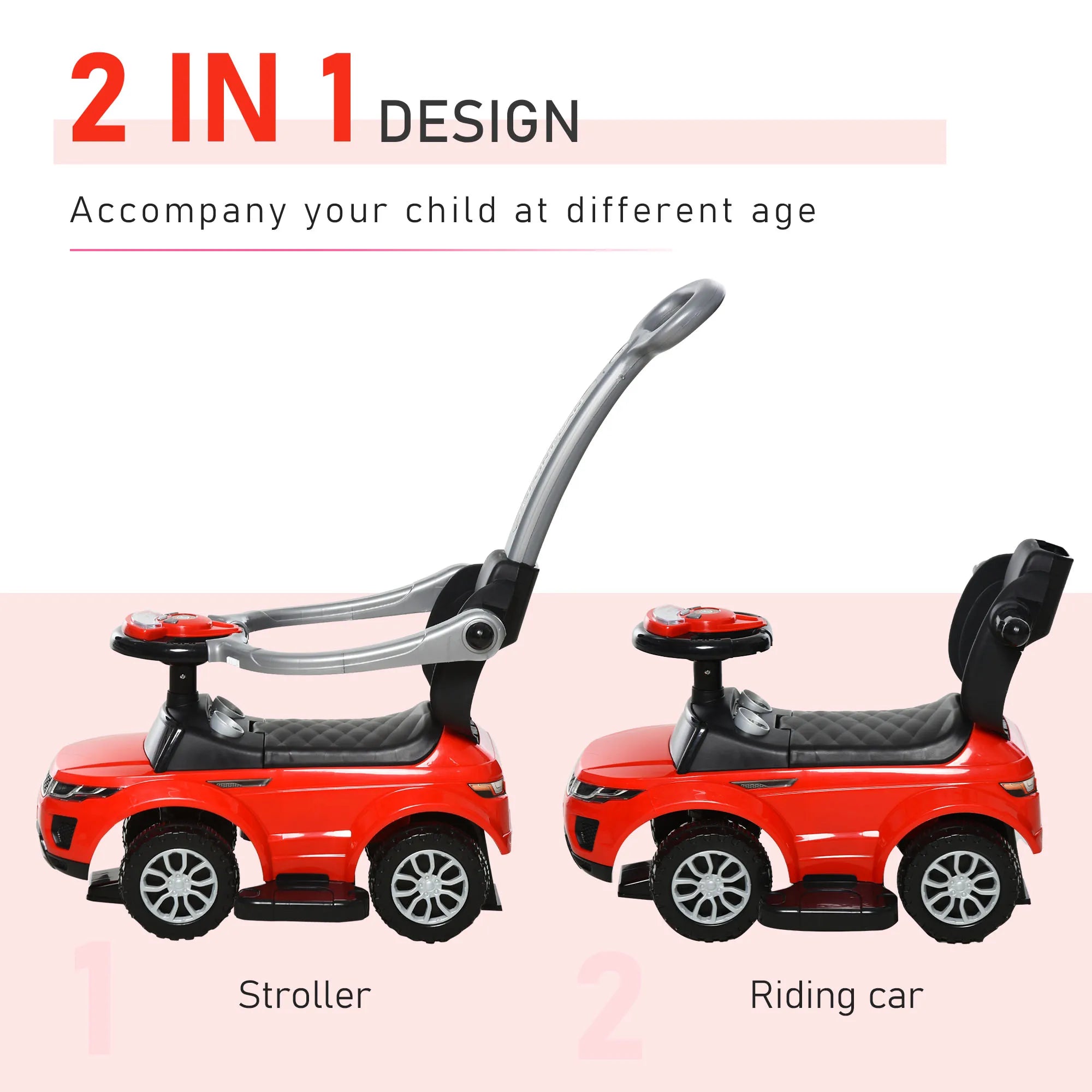 Kids Push Car Ride on Toy Red Black Stroller with Horn Music Light Steering Wheel Removable Guardrail for Toddlers 12 36 Months