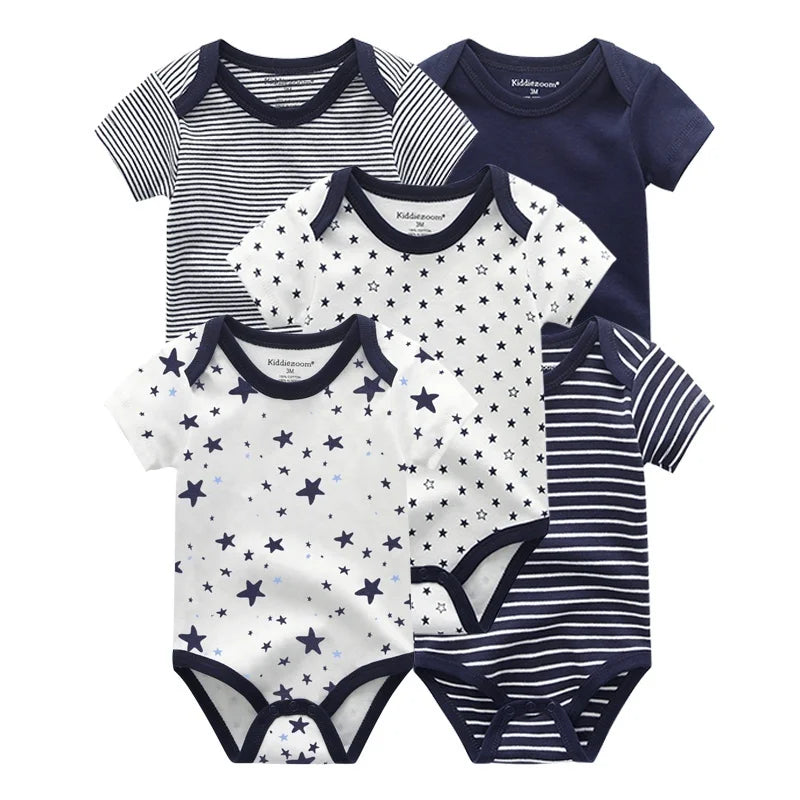 Kiddiezoom 5-piece fashionable cartoon boy and girl jumpsuit 100% pure cotton comfortable newborn jumpsuit summer