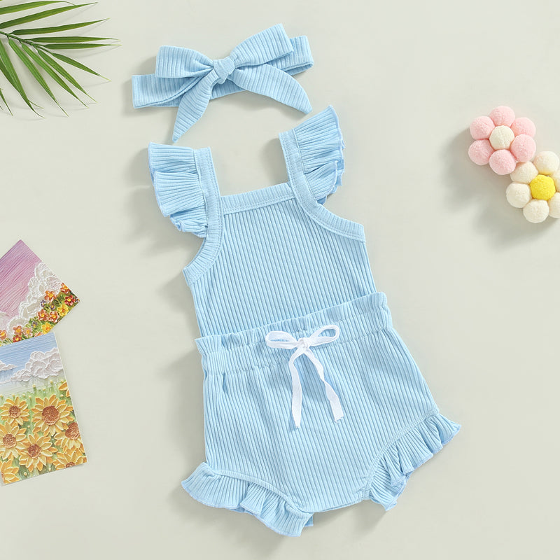 2023-04-12 Lioraitiin 0-18M Toddler Girls 3Pcs Summer Clothes Fly Sleeve Solid Romper Tops Drawstring Short Pants Headband