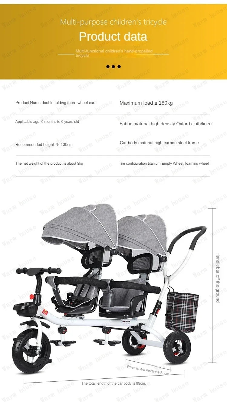 Children's Double Stroller Multifunctional Two-way Baby Stroller  Twins Stroller Double Folding Three-wheel Car