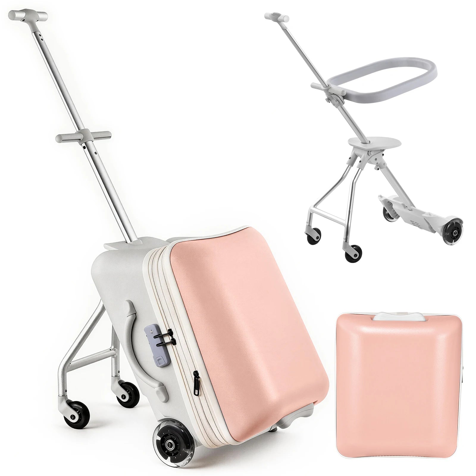 Toddler Ride on Luggage 20 Inch 2 in 1 Carry On Suitcase, Kids Travel Suitcase with Seat and Safety Guardrail, Detachable Rideable Stroller Bag with Spinner Wheels for Airplane Travels, Blue and Pink