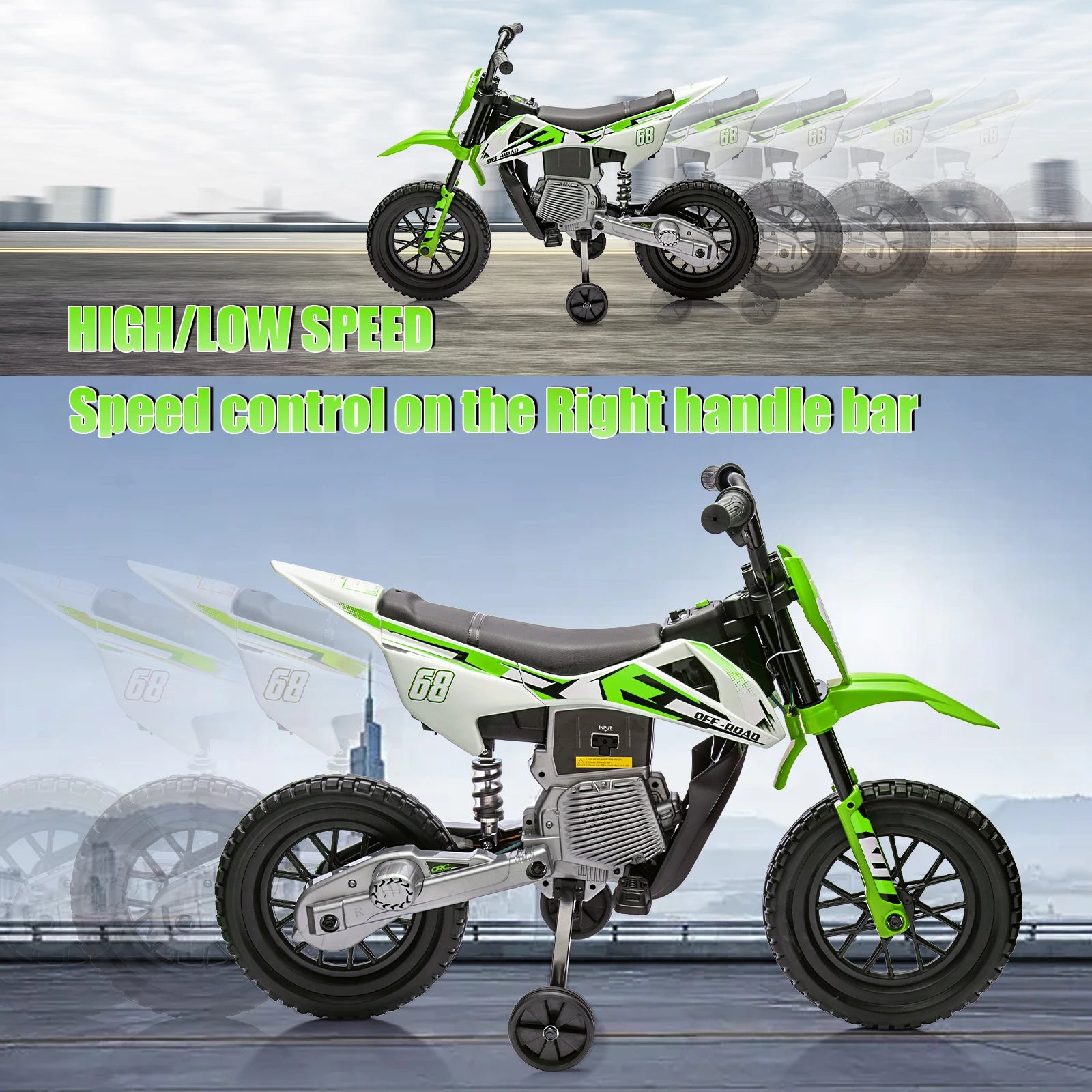 12v Kids Electric Dirt Bike with Training Wheels Twist Grip Throttle 3Mph Max Speed Music Safe Ride-on Motorcycle for Children