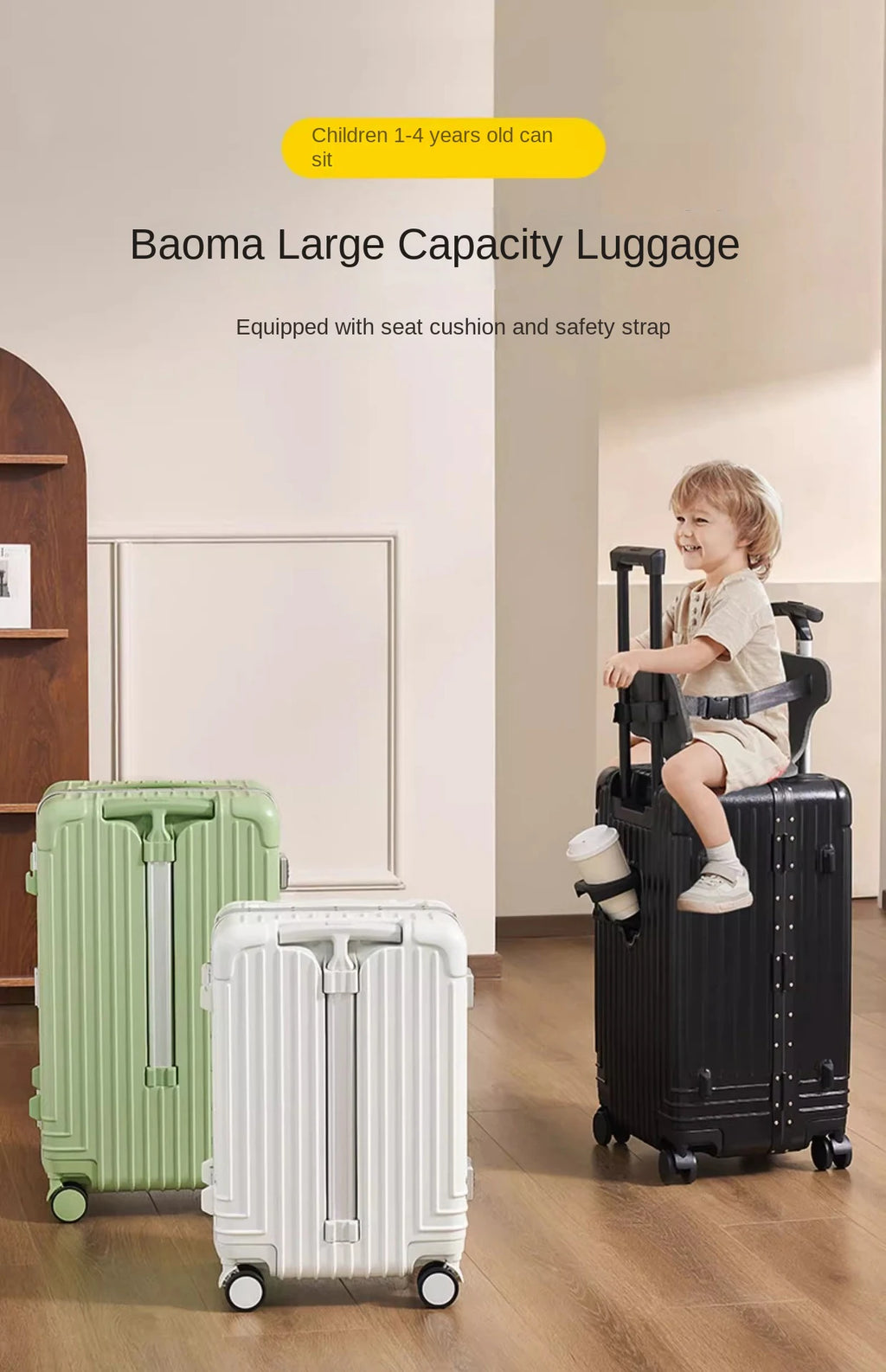 Baby Mother Travel Suitcase Children Can Sit and Ride Luggage with Cup Holder USB Trolley Case Lazy Walking Boarding Suitcases