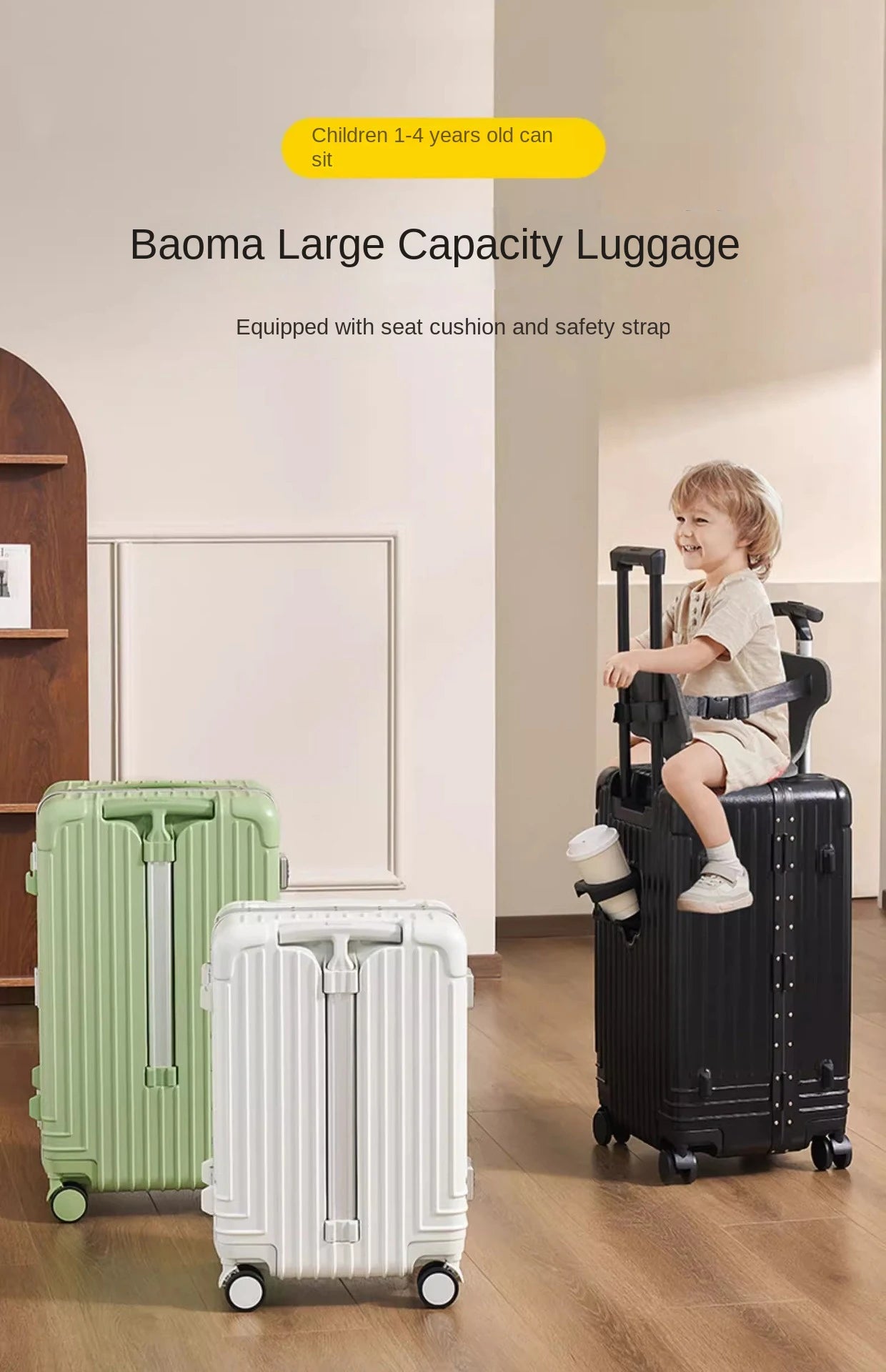 Baby Mother Travel Suitcase Children Can Sit and Ride Luggage with Cup Holder USB Trolley Case Lazy Walking Boarding Suitcases