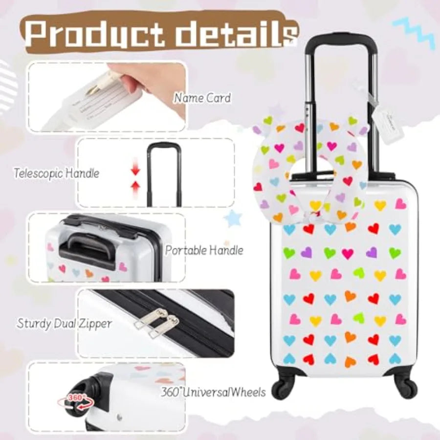 4 Pcs Luggage Set Carry On Rolling Suitcase Backpack Neck Pillow Travel Set Gift for Girls Boys Summer Camp