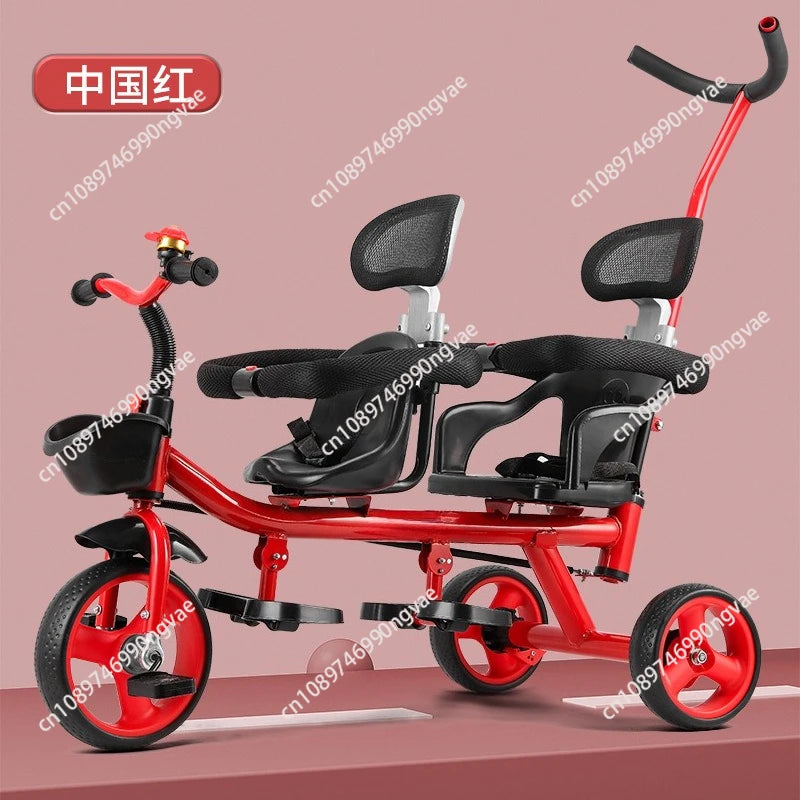 Twin kids tricycle, twin seater two-child pedal stroller, twin baby large lightweight 1-7 year old stroller