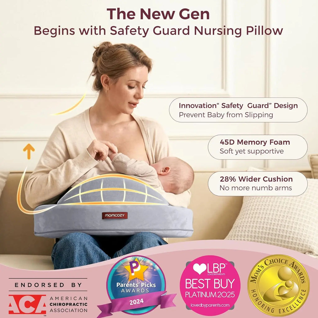 Ergonomic Memory Foam Nursing Pillow with Safety Guard, Wider Cushion, Adjustable, Removable Cover