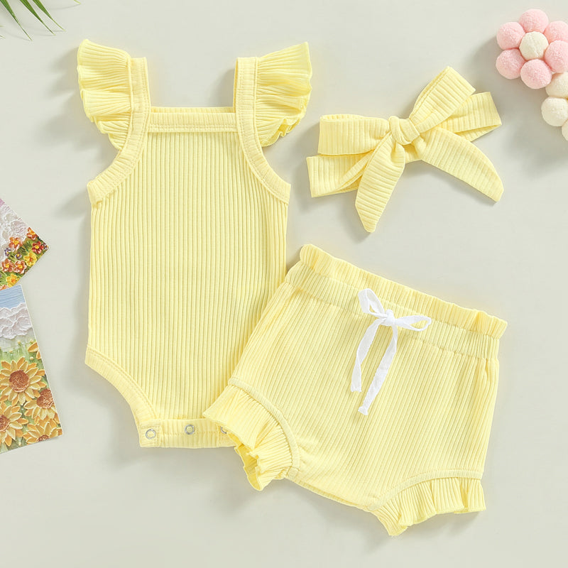 2023-04-12 Lioraitiin 0-18M Toddler Girls 3Pcs Summer Clothes Fly Sleeve Solid Romper Tops Drawstring Short Pants Headband