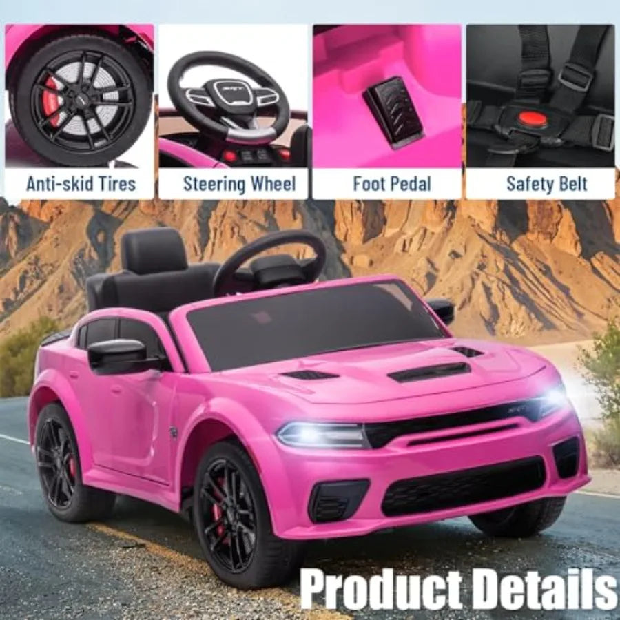 Electric Car for Licensed Dodge Charger SRT Hellcat Ride on Car Pink 12V 7A Remote Control with Music LED Light Bluetooth Max S