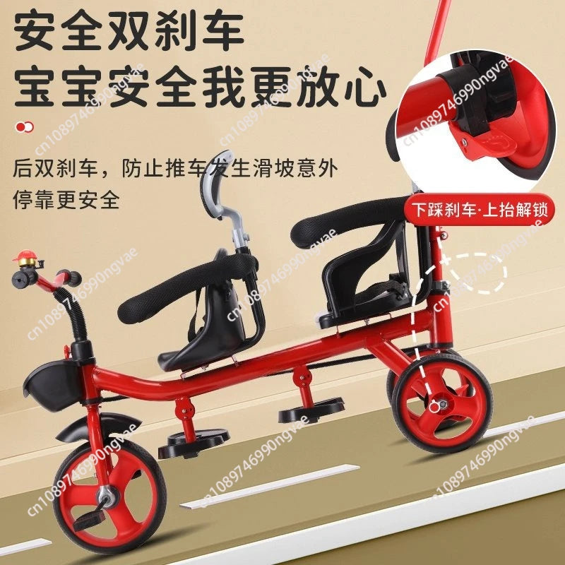 Twin kids tricycle, twin seater two-child pedal stroller, twin baby large lightweight 1-7 year old stroller