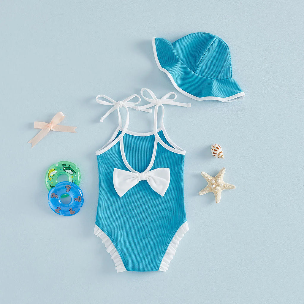 Toddler Baby Girl Swimwear With Hat 2Pcs Bathing Suit Kids Holiday Casual Cami Romper Swimsuit Sleeveless Ruffle Trim Beachwear