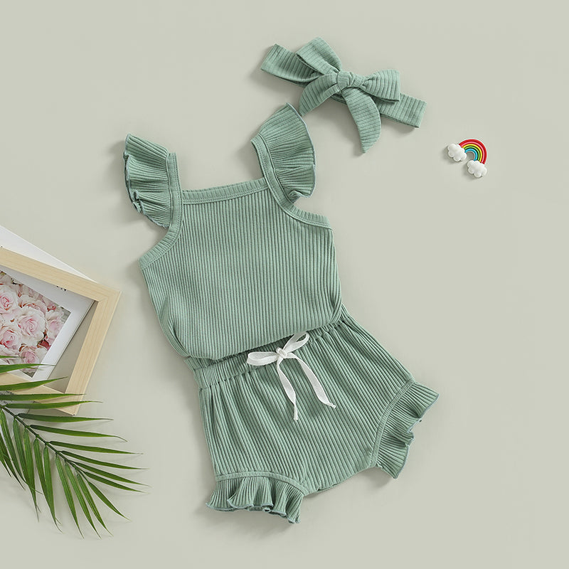 2023-04-12 Lioraitiin 0-18M Toddler Girls 3Pcs Summer Clothes Fly Sleeve Solid Romper Tops Drawstring Short Pants Headband