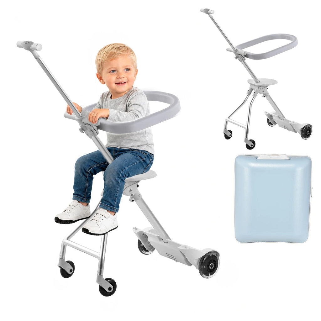 Toddler Ride on Luggage 20 Inch 2 in 1 Carry On Suitcase, Kids Travel Suitcase with Seat and Safety Guardrail, Detachable Rideable Stroller Bag with Spinner Wheels for Airplane Travels, Blue and Pink