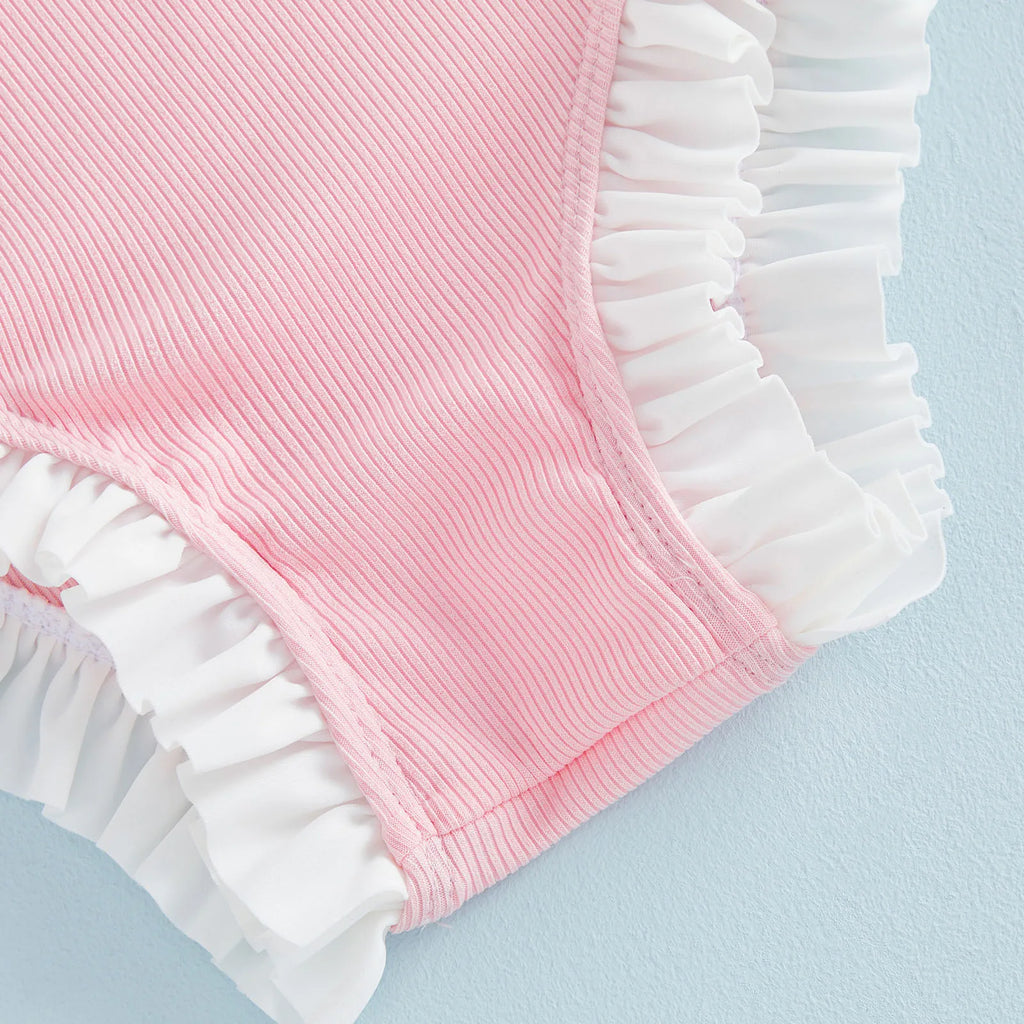 Toddler Baby Girl Swimwear With Hat 2Pcs Bathing Suit Kids Holiday Casual Cami Romper Swimsuit Sleeveless Ruffle Trim Beachwear
