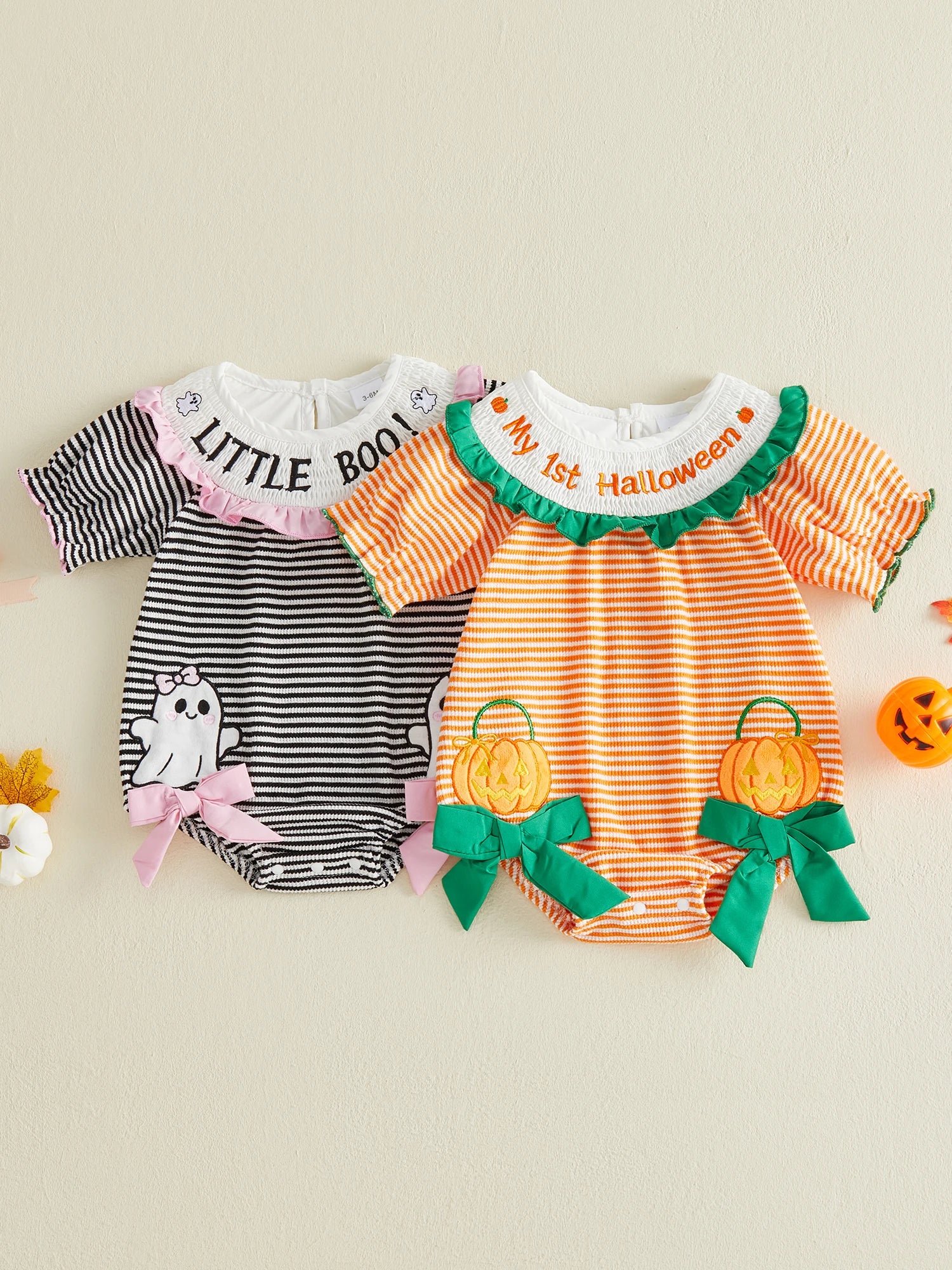 Infant Halloween Costume Romper with Spooky Ghost and Pumpkin Embroidery Striped Print and Crew Neck - Adorable Baby Girl