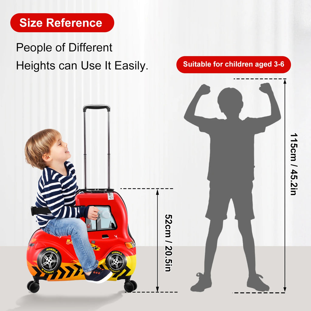 Kids Ride on Suitcase 24 Inch Ride on Trolley Case Cute Red Car Kids Suitcase Cabin Case with Adjustable Handle Wheels