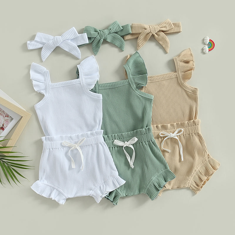 2023-04-12 Lioraitiin 0-18M Toddler Girls 3Pcs Summer Clothes Fly Sleeve Solid Romper Tops Drawstring Short Pants Headband