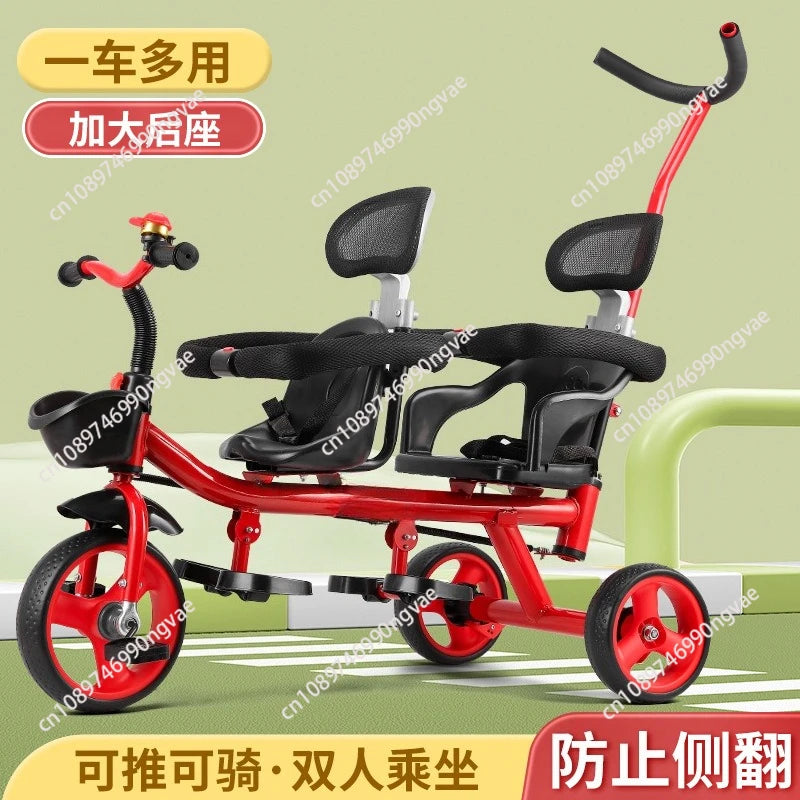 Twin kids tricycle, twin seater two-child pedal stroller, twin baby large lightweight 1-7 year old stroller