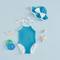 Toddler Baby Girl Swimwear With Hat 2Pcs Bathing Suit Kids Holiday Casual Cami Romper Swimsuit Sleeveless Ruffle Trim Beachwear