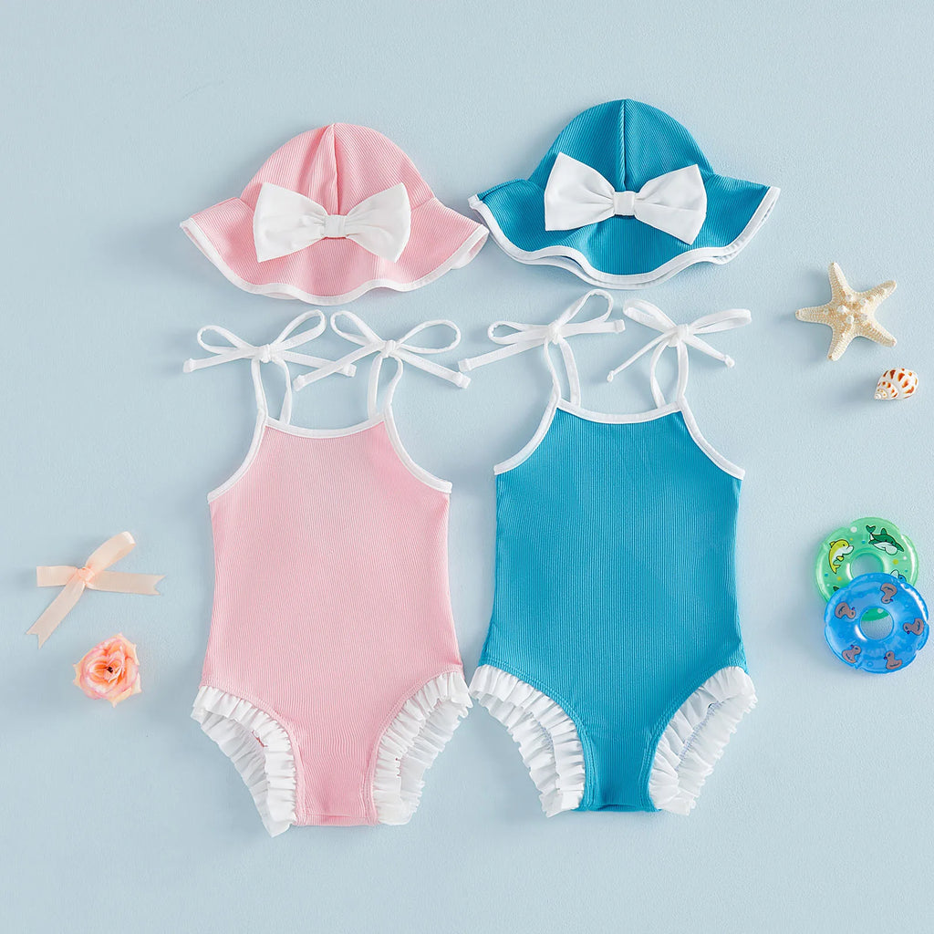 Toddler Baby Girl Swimwear With Hat 2Pcs Bathing Suit Kids Holiday Casual Cami Romper Swimsuit Sleeveless Ruffle Trim Beachwear