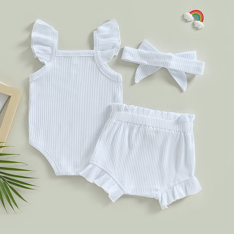 2023-04-12 Lioraitiin 0-18M Toddler Girls 3Pcs Summer Clothes Fly Sleeve Solid Romper Tops Drawstring Short Pants Headband