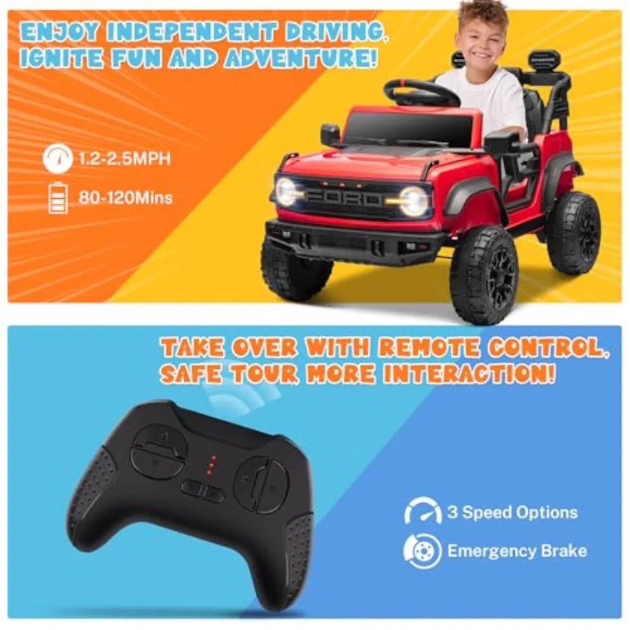 12V Kids Ride on Car Licensed Bronco Raptor, Toddler Electric Car with Remote Control, Battery Powered Ride on Toy Truck w/LED Lights, Music Player, Horn, Seat Belt, Soft Start (Red)