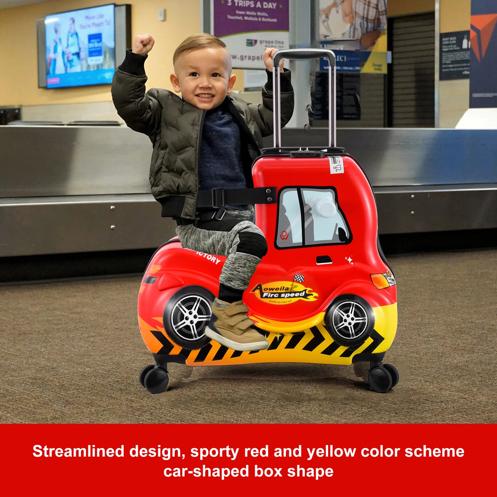 Kids Ride on Suitcase 24 Inch Ride on Trolley Case Cute Red Car Kids Suitcase Cabin Case with Adjustable Handle Wheels