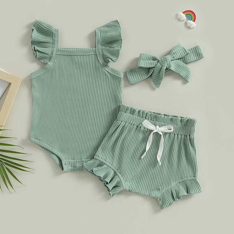 2023-04-12 Lioraitiin 0-18M Toddler Girls 3Pcs Summer Clothes Fly Sleeve Solid Romper Tops Drawstring Short Pants Headband